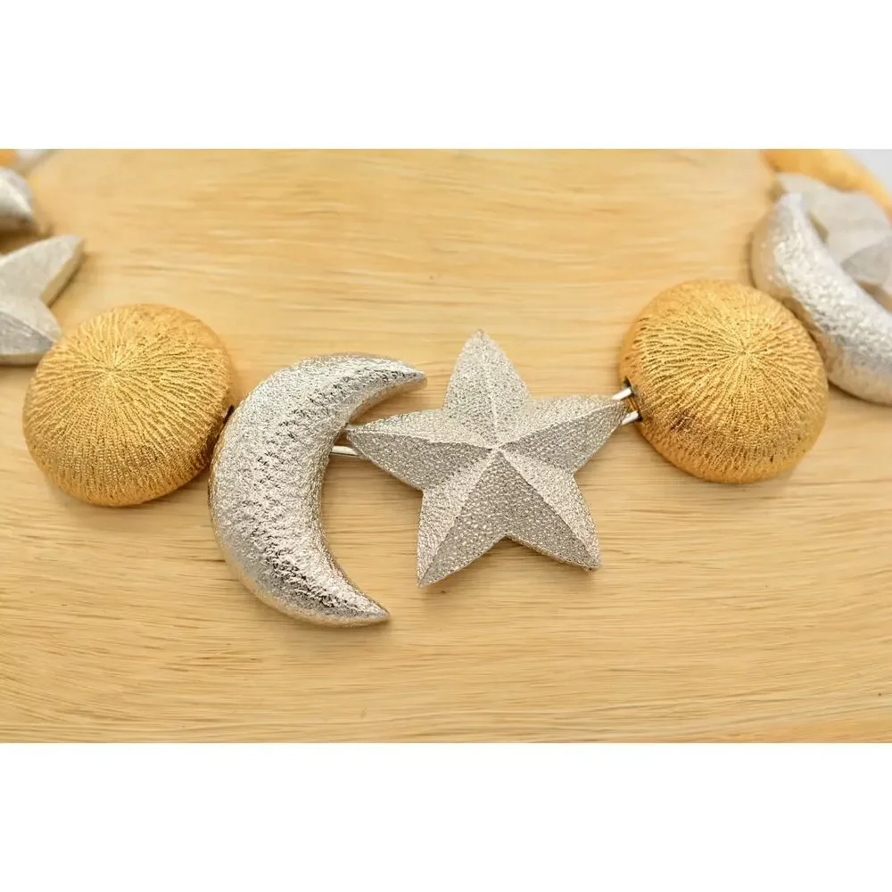 Christian Dior Vintage Celestial Moon Star Statement Necklace Silver Gold Chunky